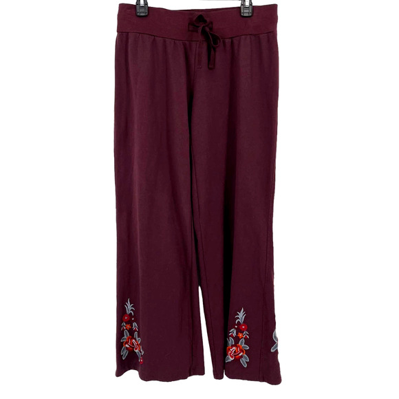 Karyn Seo Floral Embroidered Boho Wide Leg Pants Womens Size Large Oxblood - Picture 1 of 6